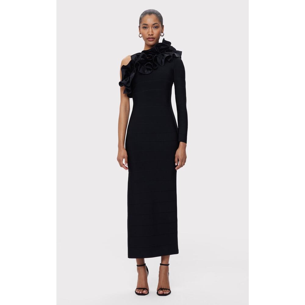HERVE LEGER Black Asymmetrical Ruffle One Shoulder Bandage Gown size Large